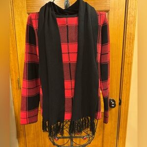 NWT Carolyn Taylor Red and Black Plaid Sweater with Detachable Black Scarf, XL